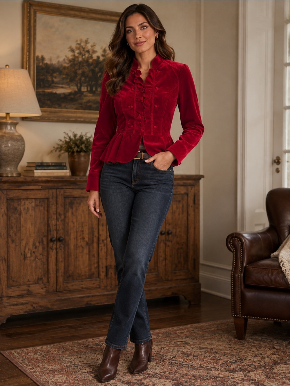 White House Black Market Red Velvet Ruffle Peplum Jacket Blazer Women’s 12